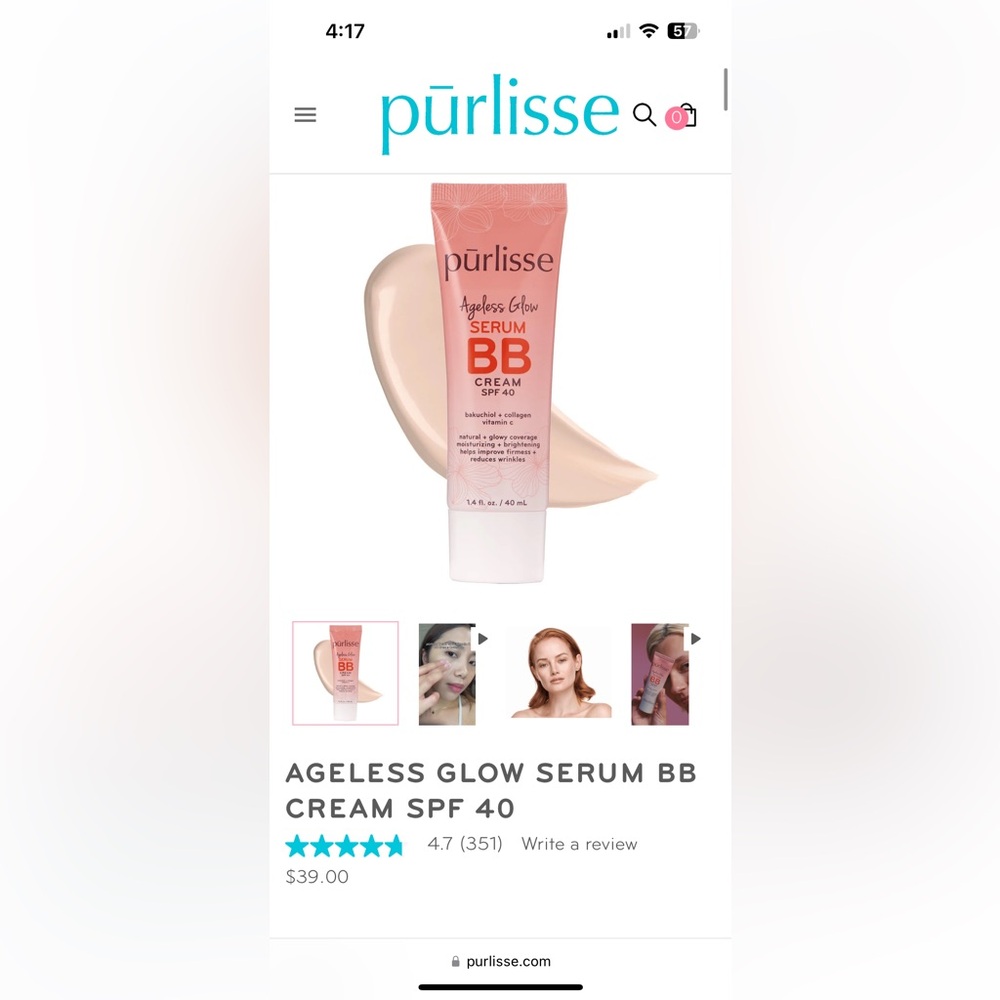 Purlisse Ageless Glow Serum BB Cream SPF 40. Light-medium shade. BNIB